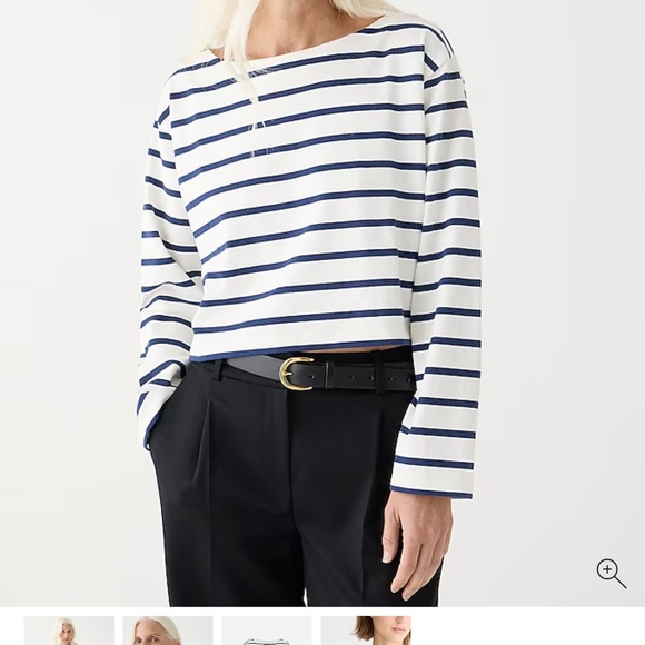 🍂NWT J.Crew Cropped boatneck T-shirt in mariner cotton Perfect Black Stripe - Picture 2 of 3